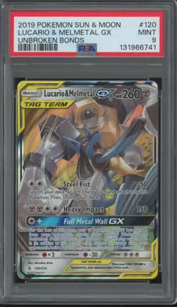 2019 Pokemon Sun & Moon Unbroken Bonds #120 Lucario & Melmetal GX Mint PSA 9 - Image 1