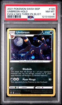 20212 POKEMON EVOLVING SKIES BLISTER UMBREON #SWSH129 HOLO PSA 8 NM #121310094 - Image 1