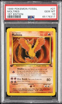 1999 POKEMON FOSSIL 1ST ED #27 MOLTRES PSA 10 - Image 1