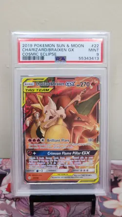 2019 POKEMON SUN & MOON COSMIC ECLIPSE #22 CHARIZARD/BRAIXEN GX - PSA 9 - Image 1