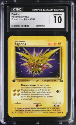 CGC 10 GEM MINT Zapdos 1999 Fossil 1st Edition 30/62 Pokemon Card - Image 1