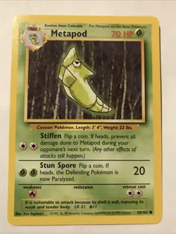 Pokemon TCG Metapod Base Set 54/102 Regular Unlimited Common Card - Image 1