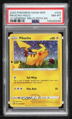 Pikachu (General Mills Promo) Holo Pokemon Sword & Shield Black Star PSA 8 - Image 1