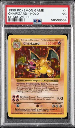 1999 POKEMON BASE SET SHADOWLESS #4 CHARIZARD-HOLO PSA 3 - Image 1