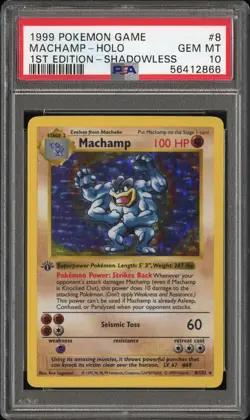 PSA 10 Machamp 1st Edition Shadowless Base Holo Pokemon Card #8 GEM MINT POP 15! - Image 1