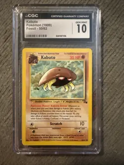 Pokemon TCG Kabuto Fossil 1 Edition Common Card 50/62 CGC Prestine 10. 1999 - Image 1