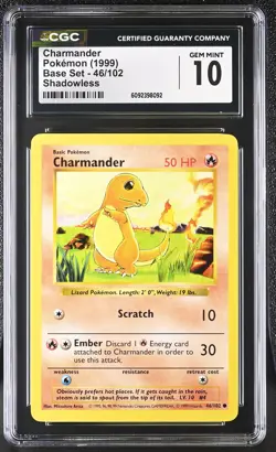 CGC 10 GEM MINT Charmander 1999 Base Set 46/102 Shadowless Pokemon Card - Image 1