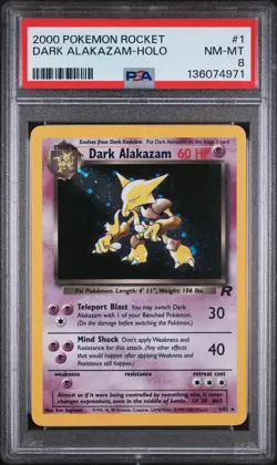 PSA 8 NM MT 2000 Pokemon Team Rocket Dark Alakazam Holo 1/82 - Image 1