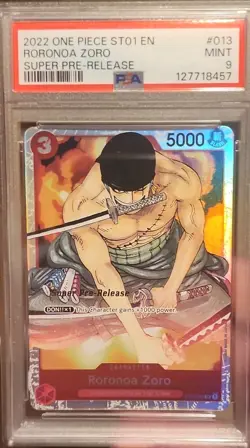 Bandai Roronoa Zoro ST01-013 Super Pre-Release Foil PSA 9 One Piece CCG 2022 - Image 1