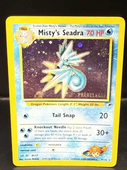 Pokemon TCG Misty's Seadra Holo Rare Gym Heroes Prerelease 9/132 BF Swirl - Image 1