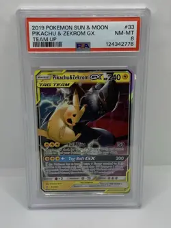 2019 POKEMON SUN & MOON TEAM UP #33 PIKACHU & ZEKROM GX PSA 8 - Image 1