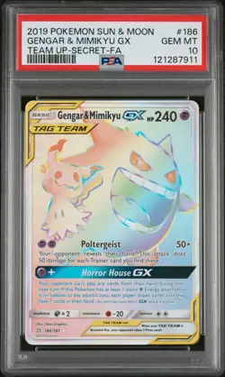 2019 POKEMON SUN & MOON TEAM UP #186/181 GENGAR & MIMIKYU TAG TEAM GX PSA 10 - Image 1
