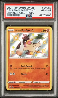 2021 POKEMON SWORD & SHIELD SHINING FATES #SV063 GALARIAN FARFETCH'D-HOLO PSA 10 - Image 1