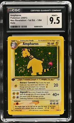 CGC 9.5 MINT+ Ampharos Neo Revelation 1st Edition 1/64 Holo SWIRL Pokemon Card - Image 1