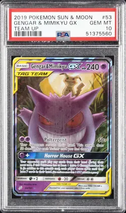 2019 POKEMON SUN & MOON TEAM UP #53 GENGAR & MIMIKYU GX PSA 10 - Image 1