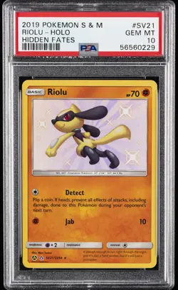 2019 POKEMON SUN & MOON HIDDEN FATES #SV21 RIOLU-HOLO PSA 10 - Image 1