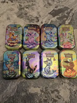 Prismatic Evolutions Empty Mini Tin Complete Set Of 8 - Display, Coins & Picture - Image 2