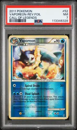 2011 POKEMON CALL OF LEGENDS VAPOREON #52 REVERSE FOIL PSA 7 NM #113346328 - Image 1