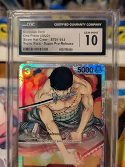 2022 ONE PIECE ST01-013 RORONOA ZORO SUPER PRE-RELEASE CGC 10 GEM MINT - Image 1