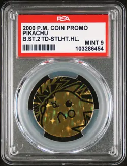 PSA 9 2000 POKEMON COIN PROMO PIKACHU BASE SET 2 THEME DECK - Image 1