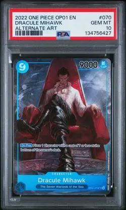 One Piece TCG Pre-Errata Dracule Mihawk PSA 10 OP01-070 Romance Dawn Blue Bottom - Image 1