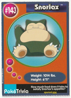 Vintage 1999 Snorlax, Pokemon Poketriva Burger King Movie Card # 143 / 151 Gen 1 - Image 1