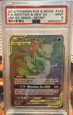 2019 POKEMON SUN & MOON UNIFIED MINDS SECRET RARE #242 MEWTWO & MEW GX PSA 9 - Image 1
