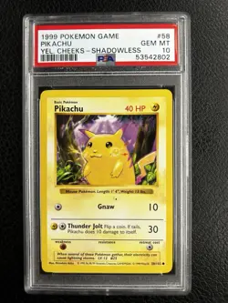 1999 Pikachu Yellow Cheeks Shadowless Card #58 PSA 10 - Image 1