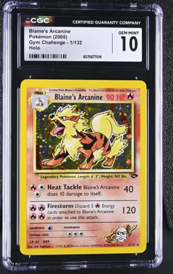 CGC 10 GEM MINT Blaine's Arcanine 2000 Gym Challenge 1/132 Holo Pokemon Card - Image 1