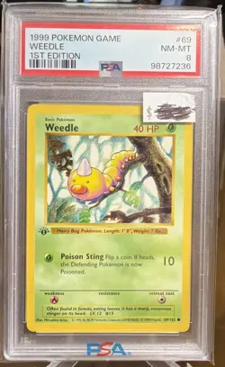 Weedle 1st Edition Shadowless Pokemon Base Set 69/102 PSA 8 1999 Mint - Image 1