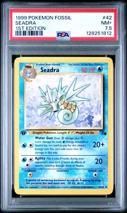 PSA 7.5 NM+ 1999 POKEMON FOSSIL 42 SEADRA 1ST EDITION - Image 1