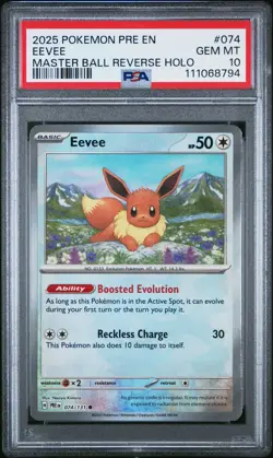 2025 POKEMON PRE EN-PRISMATIC EVOLUTIONS MASTER BALL REVERSE HOLO EEVEE PSA 10 - Image 1