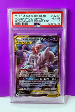PSA 8 NM-MT Mewtwo & Mew GX Black Star Promo Full Art Holo 2019 Pokemon SM191 - Image 1