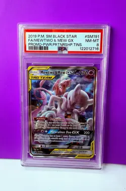 PSA 8 NM-MT Mewtwo & Mew GX Black Star Promo Full Art Holo 2019 Pokemon SM191 - Image 3