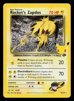 Rocket's Zapdos 15/132 Holo Celebrations Classic Collection Pokemon Card - Image 1