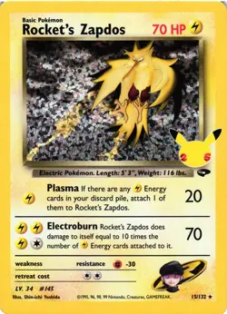 Pokemon TCG Rocket's Zapdos 15/132 Celebrations: Classic Collection Holo NM - Image 1