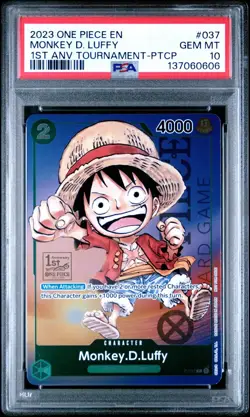2023 ONE PIECE P-037 1ST ANNIVERSARY TOURNAMENT MONKEY D LUFFY ENGLISH PSA 10 - Image 1