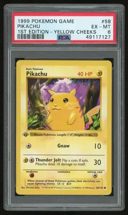 1999 Pokemon 1st Edition Shadowless Yellow Cheeks Pikachu #58 PSA 6 - Image 1