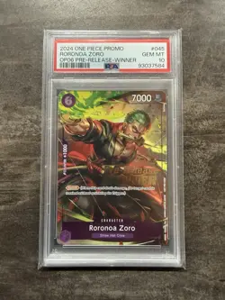 One Piece Card Game PSA 10 - Roronoa Zoro P-045 OP06 Prerelease Winner Eng - Image 1