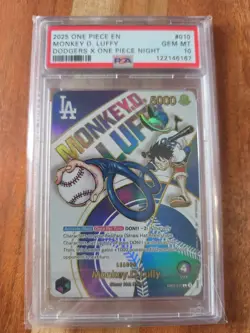2025 ONE PIECE PROMOS DODGERS X ONE PIECE NIGHT #010 MONKEY D. LUFFY PSA 10 - Image 1