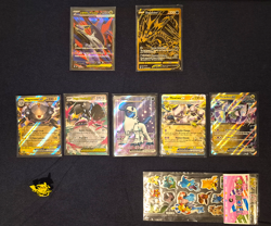 Pokemon TCG Bundle - 2 Art Cards + 5 EX Cards - Pin & Sticker Sheet Included - Image 1