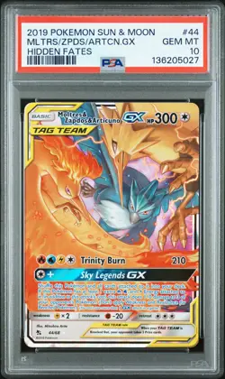 2019 POKEMON SUN & MOON HIDDEN FATES #44 MOLTRES & ZAPDOS & ARTICUNO GX PSA 10 - Image 1