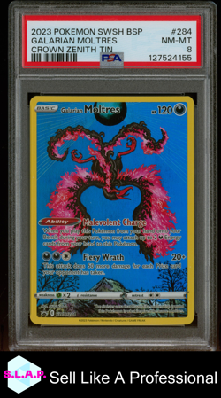 GALARIAN MOLTRES CROWN ZENITH TIN POKEMON SWSH BLACK STAR PROMO 2023 284 PSA 8 - Image 1