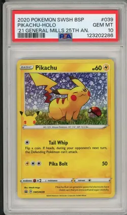 2020 Pokemon Black Star Promo Pikachu General Mills 25th Holo SWSH039 PSA 10 - Image 1