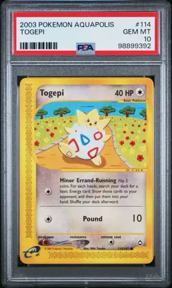 2003 Pokemon Aquapolis #114 Togepi Non Holo PSA 10 Card GEM MINT! Trusted Seller - Image 1