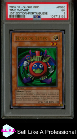 TIME WIZARD 1ST EDITION-PORTUGUESE YU-GI-OH! MRD-METAL RAIDERS 2002 P065 PSA 7 - Image 1