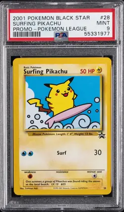2001 POKEMON PROMO BLACK STAR POKEMON LEAGUE #28 SURFING PIKACHU PSA 9 - Image 1
