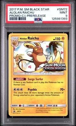 2017 POKEMON SM BLACK STAR PROMO CRIMSON INVASION PRERELEASE ALOLAN RAICHU PSA 9 - Image 1
