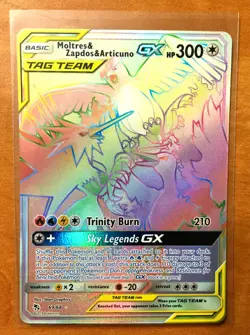 Moltres & Zapdos & Articuno GX 69/68 Rainbow Holo Rare Hidden Fates Pokemon Card - Image 1