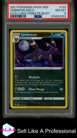 UMBREON-HOLO EVOLV.SKS.THREE.PK.BLIST. POKEMON SWSH BLCK STR PRM 2021 129 PSA 8 - Image 1